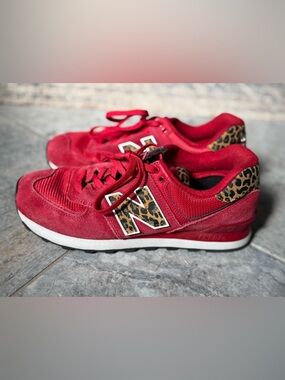 New Balance Red Athletic Sneakers with Leopard Accent